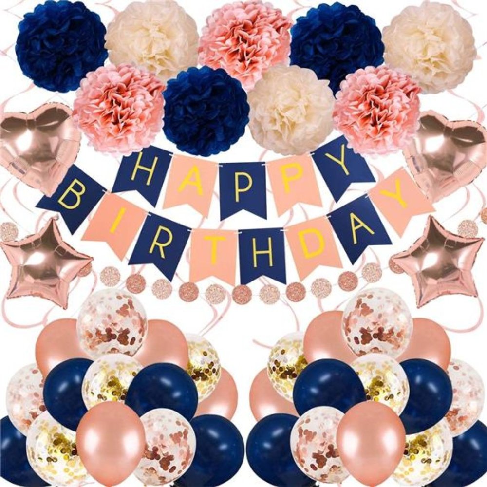 Navy Rose Gold Birthday Decorations 61 Pieces Balloon kit with foil Balloons